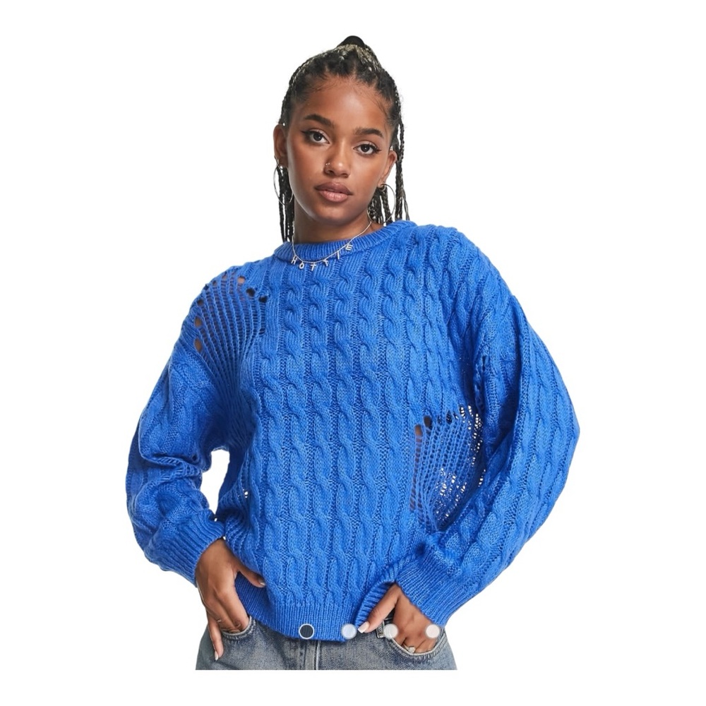 Asos Design Sweater‎ Womens Size 4 Blue Pullover Distressed Cable Knit Cutout